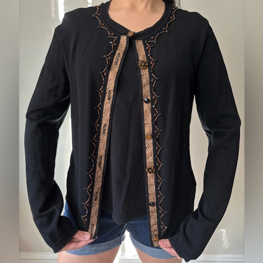 Y2K Cottagecore Black Boho Embroidered Beaded Fairycore Whimsical Cardigan Large - Picture 1 of 10